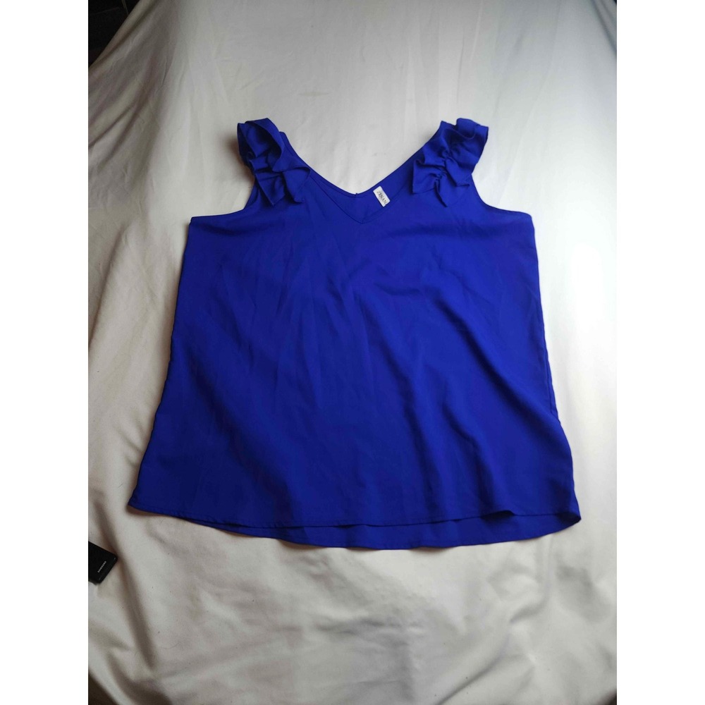 Zenana Royal Blue Ruffle Shoulder V-Neck Sleeveless Blouse Top XL